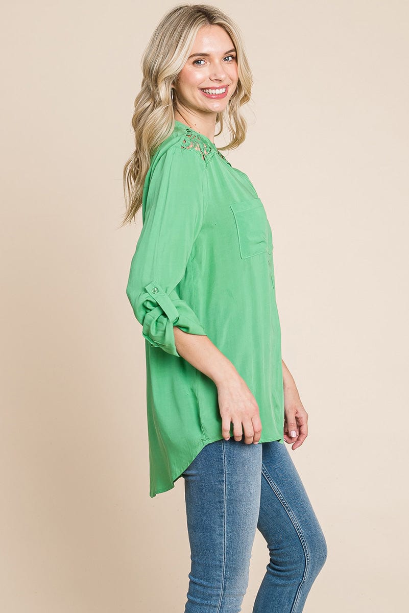 V neck Lace Long Sleeve Cotton Blouse Tops