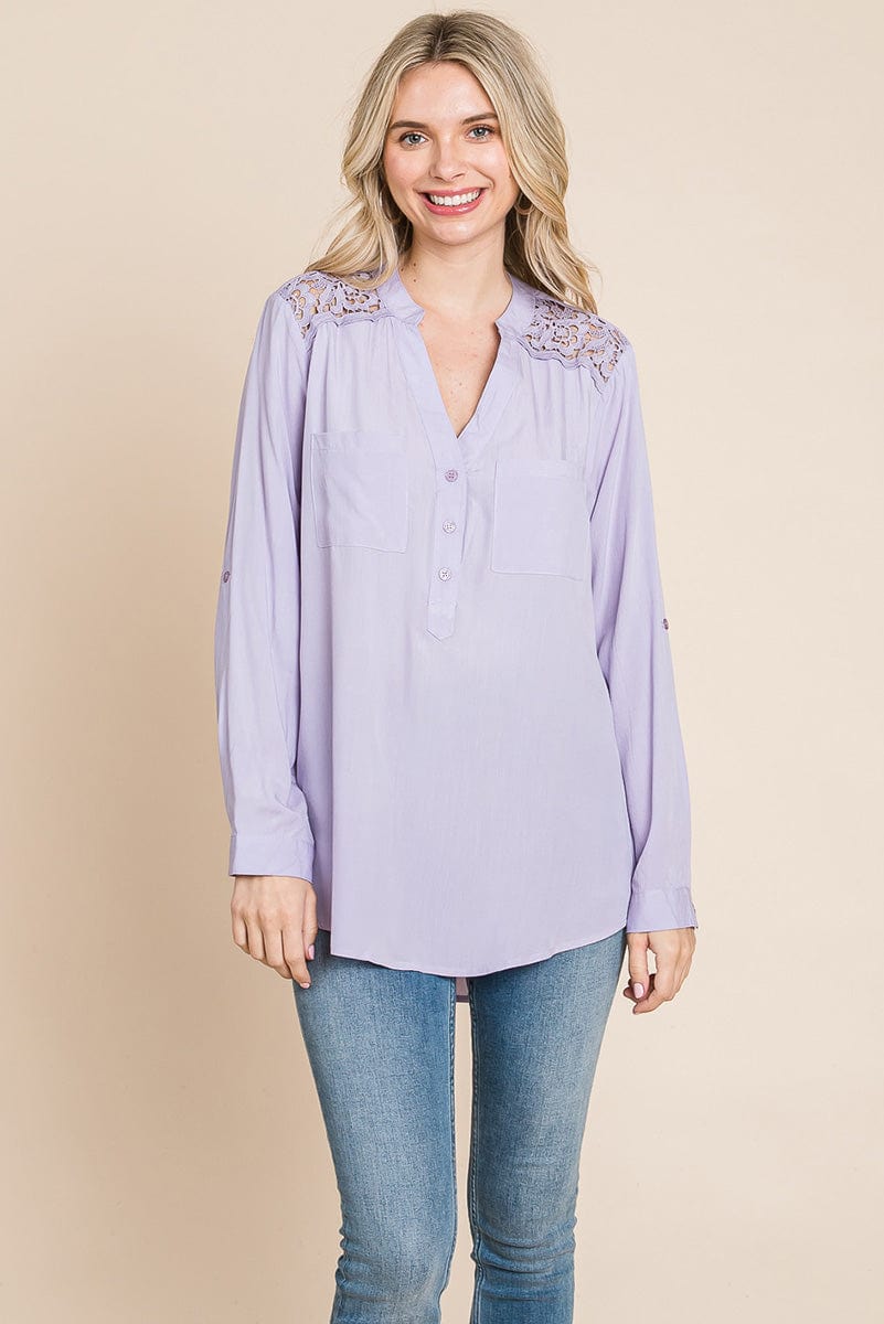 V neck Lace Long Sleeve Cotton Blouse Tops