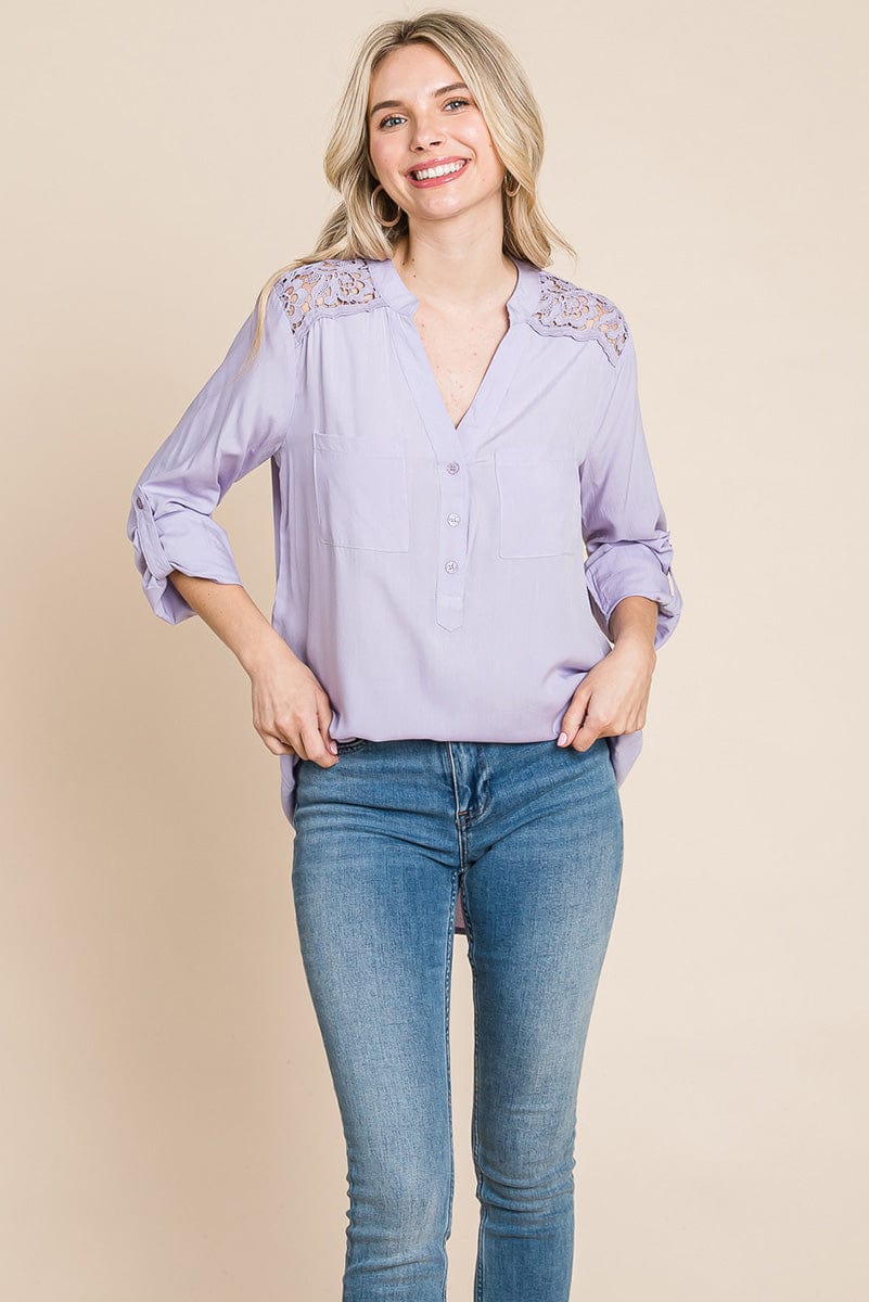 V neck Lace Long Sleeve Cotton Blouse Tops