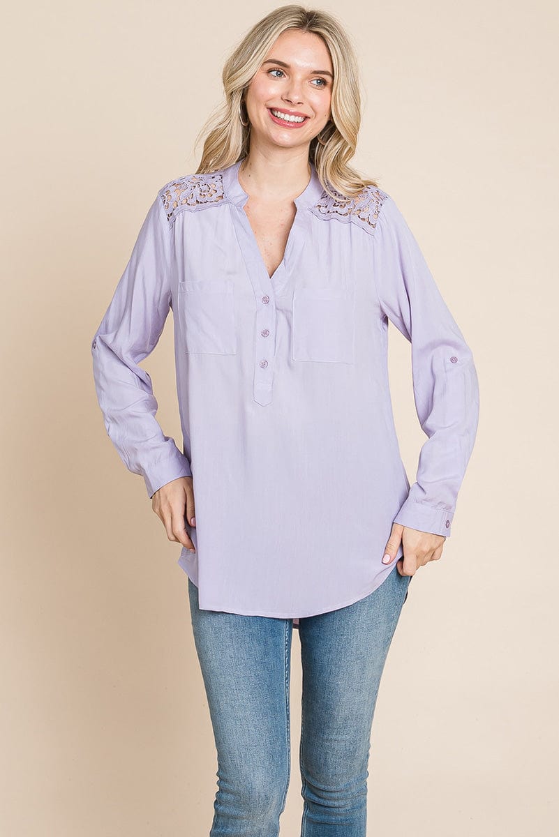 V neck Lace Long Sleeve Cotton Blouse Tops