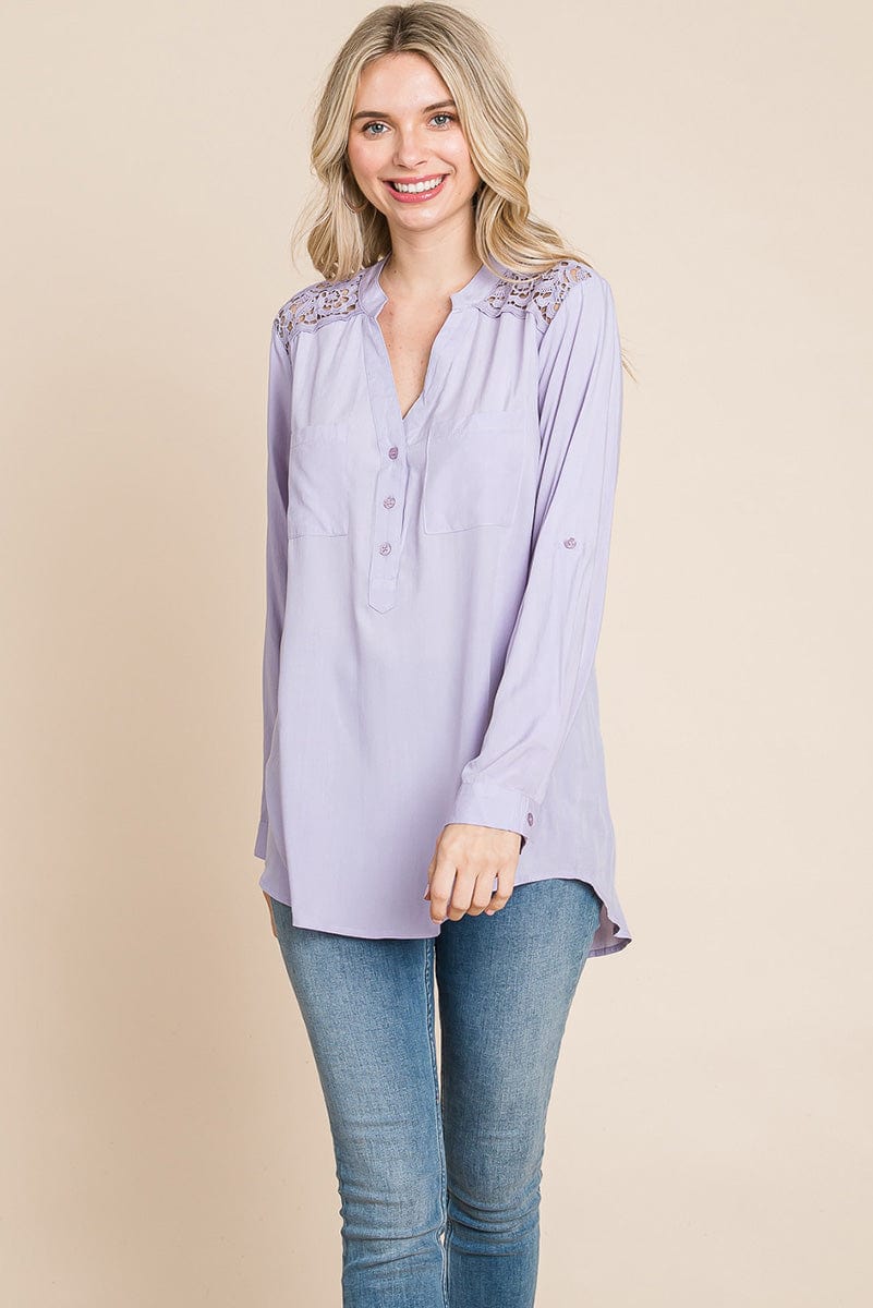 V neck Lace Long Sleeve Cotton Blouse Tops