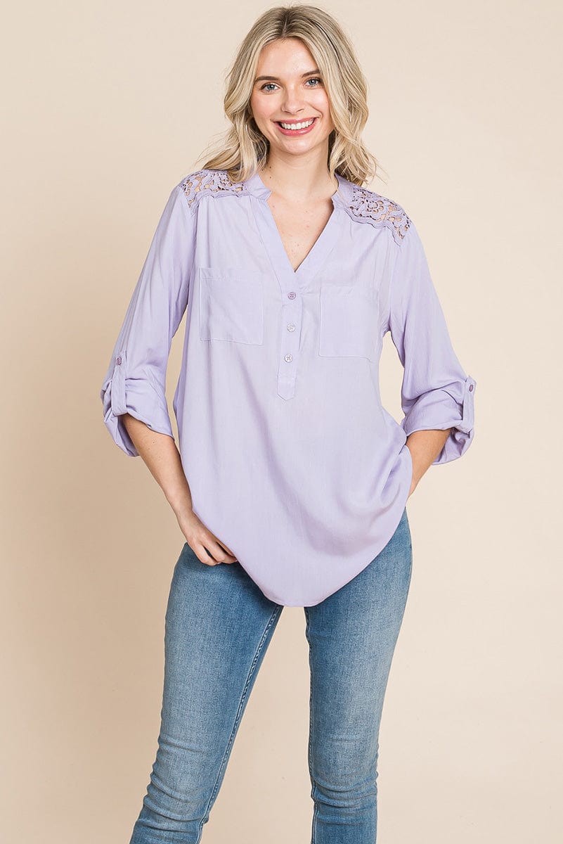 V neck Lace Long Sleeve Cotton Blouse Tops