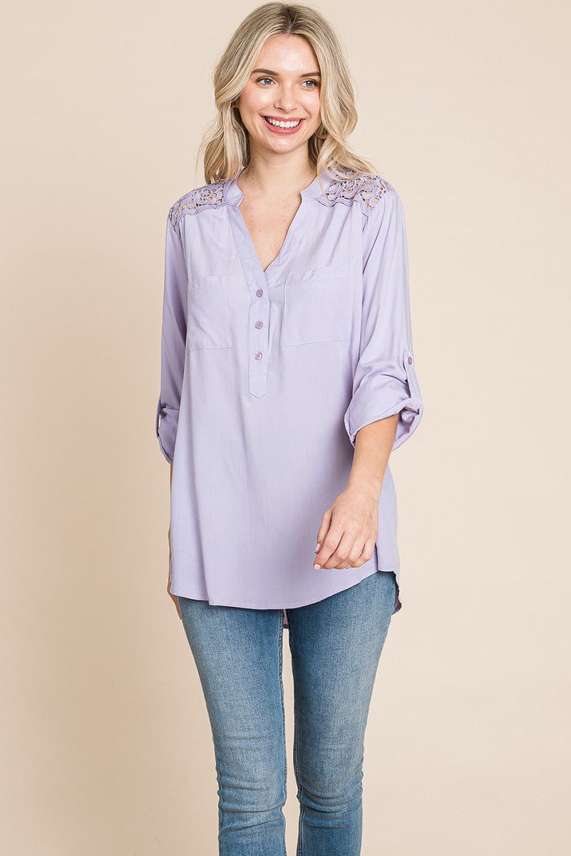 V neck Lace Long Sleeve Cotton Blouse Tops