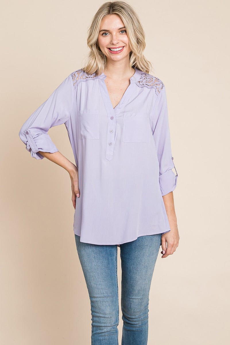 V neck Lace Long Sleeve Cotton Blouse Tops