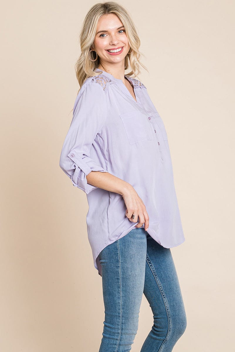 V neck Lace Long Sleeve Cotton Blouse Tops