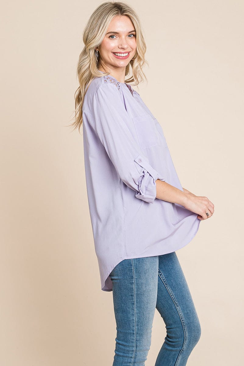 V neck Lace Long Sleeve Cotton Blouse Tops