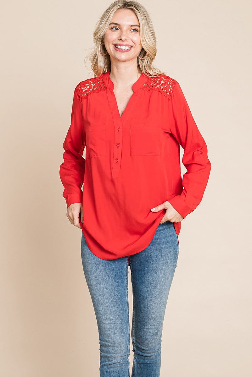 V neck Lace Long Sleeve Cotton Blouse Tops