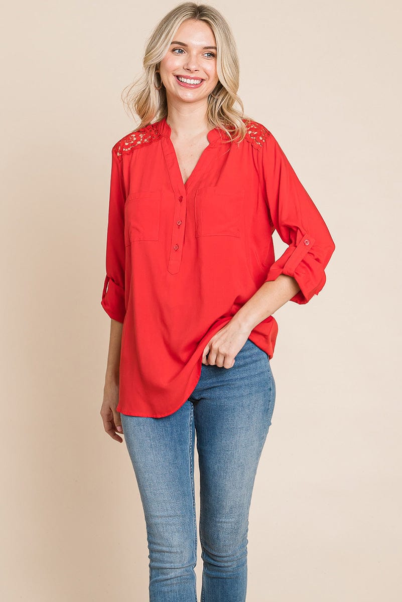 V neck Lace Long Sleeve Cotton Blouse Tops