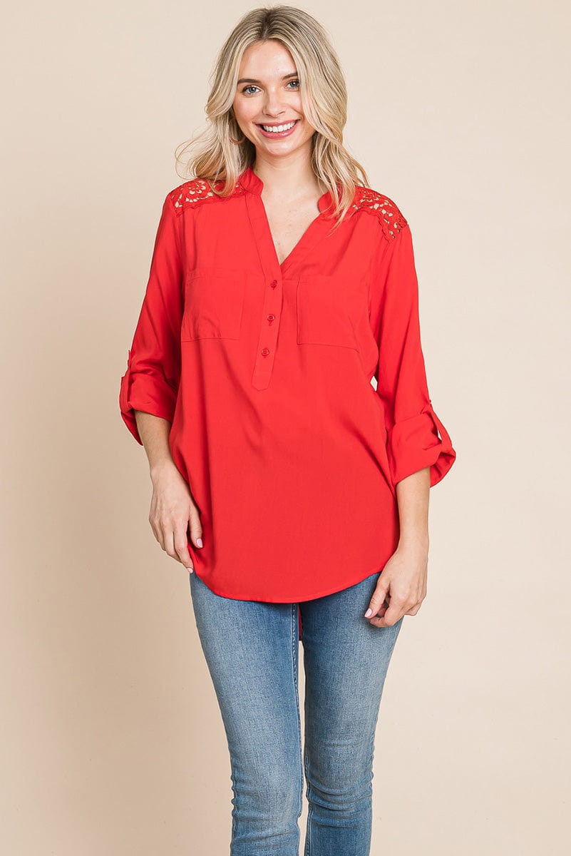 V neck Lace Long Sleeve Cotton Blouse Tops