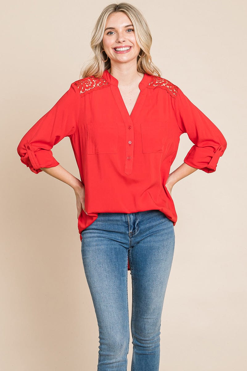 V neck Lace Long Sleeve Cotton Blouse Tops