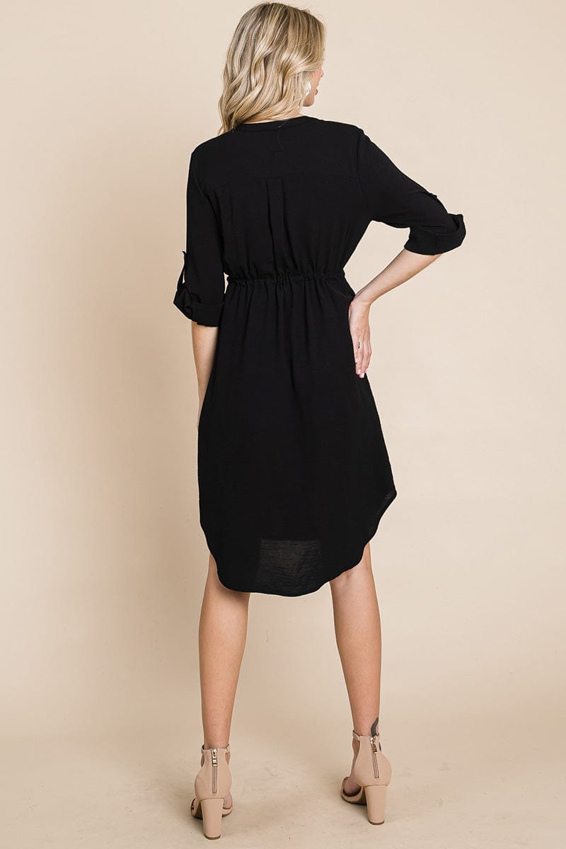 3/4 Sleeve Buttoned Waist Tie V Neck  Shirt Dress