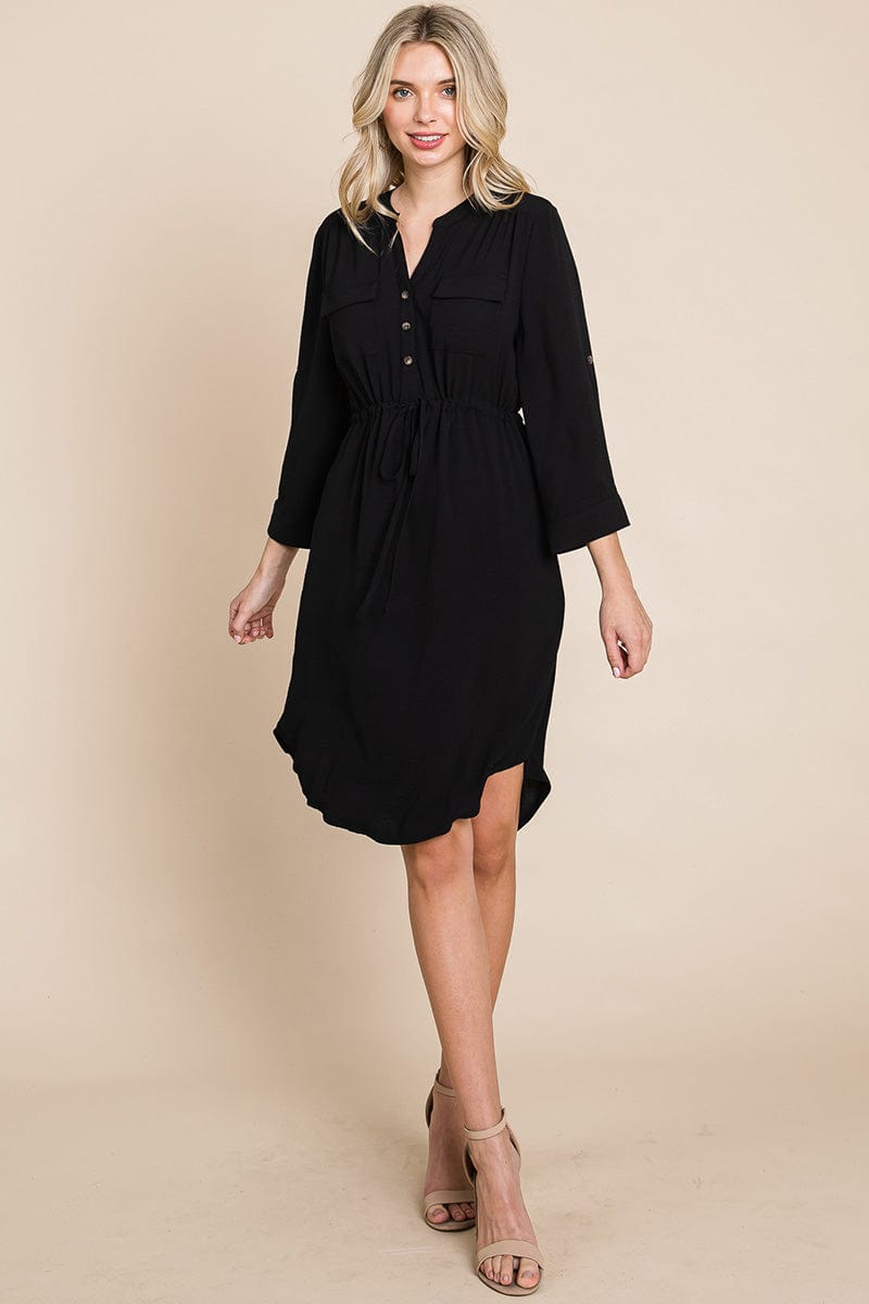 3/4 Sleeve Buttoned Waist Tie V Neck  Shirt Dress