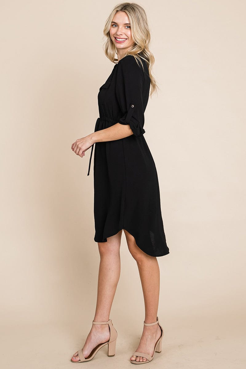 3/4 Sleeve Buttoned Waist Tie V Neck  Shirt Dress