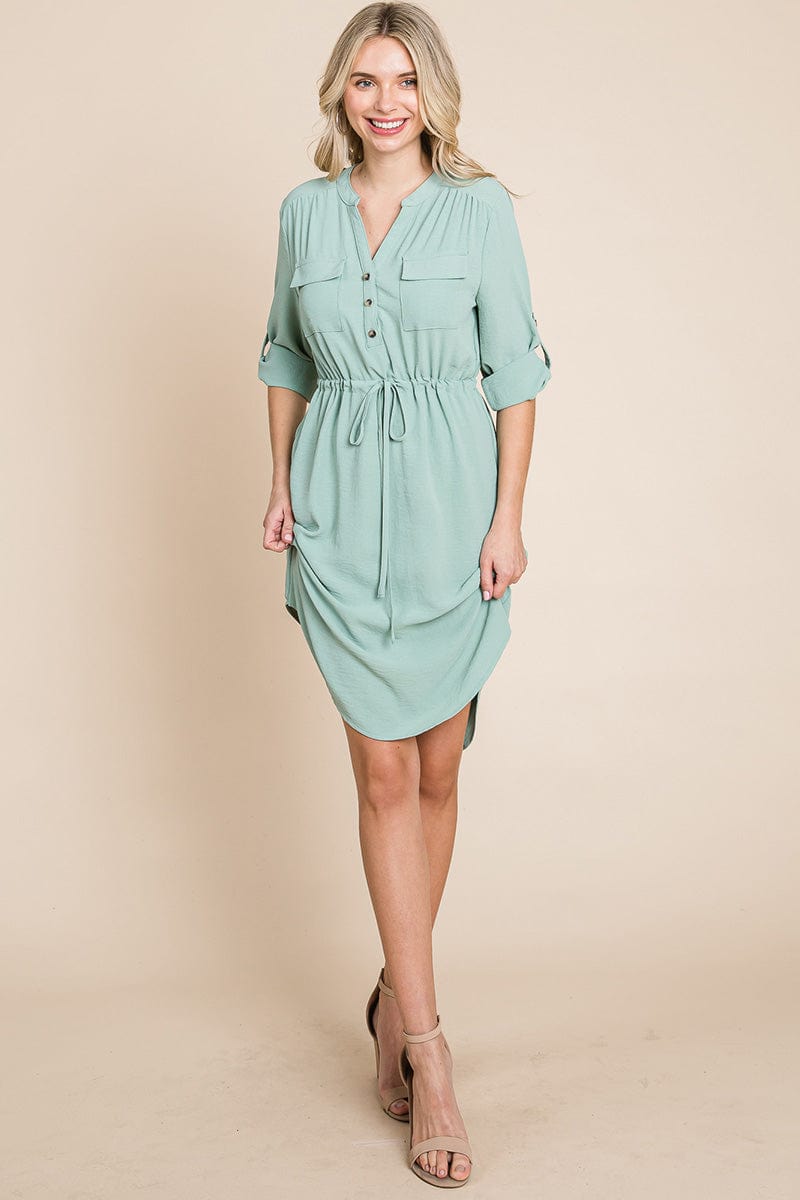 3/4 Sleeve Buttoned Waist Tie V Neck  Shirt Dress