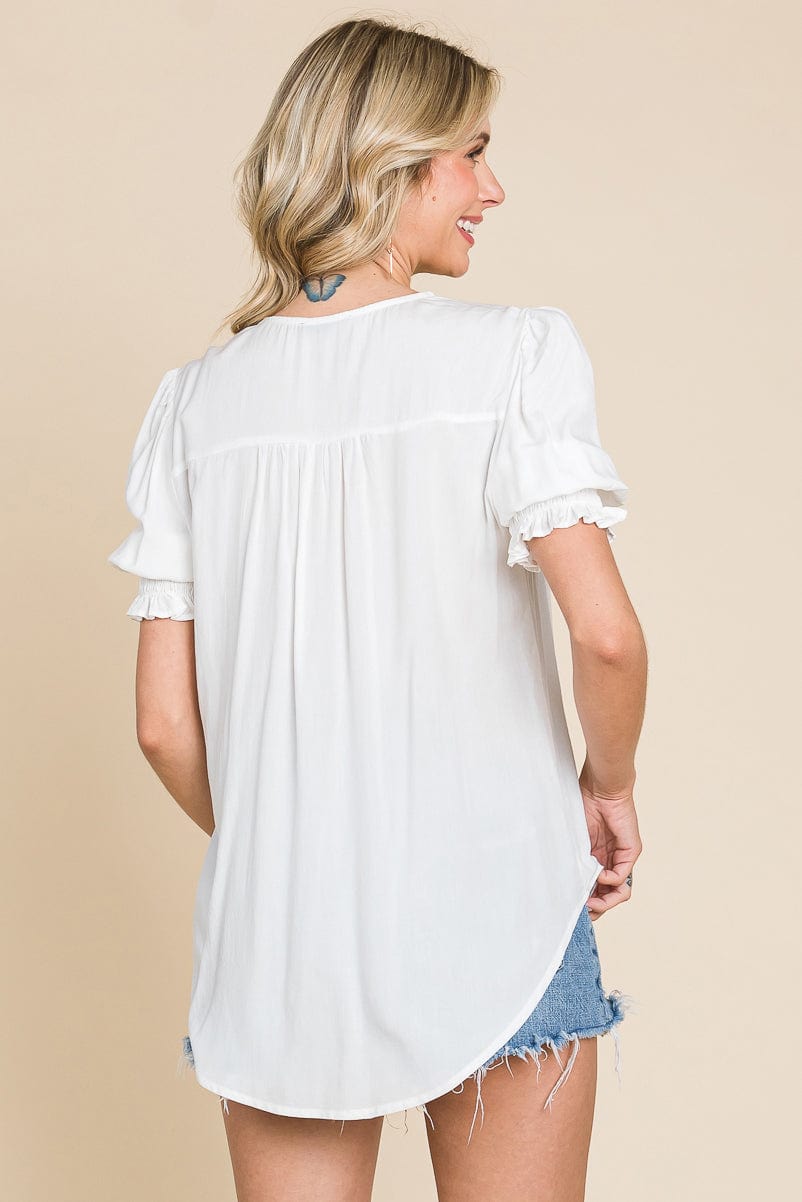 Smocked Sleeve V neck Button up Blouse