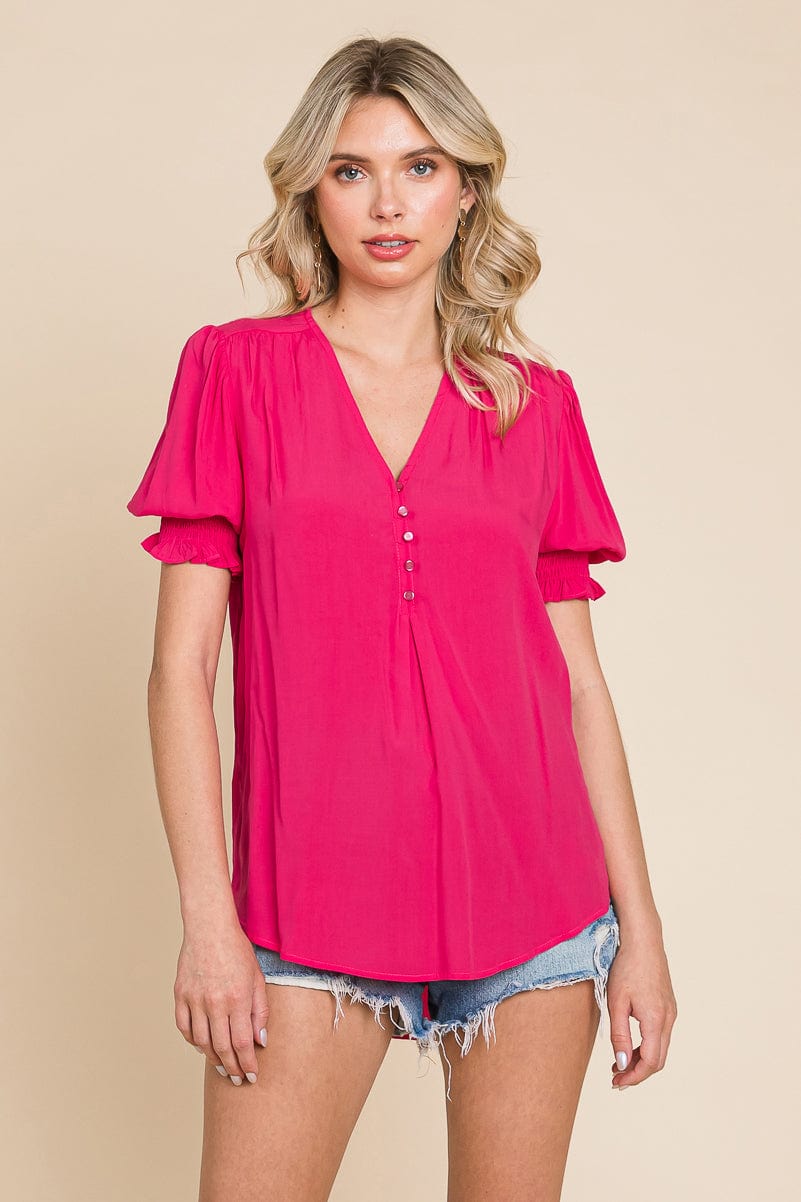 Smocked Sleeve V neck Button up Blouse