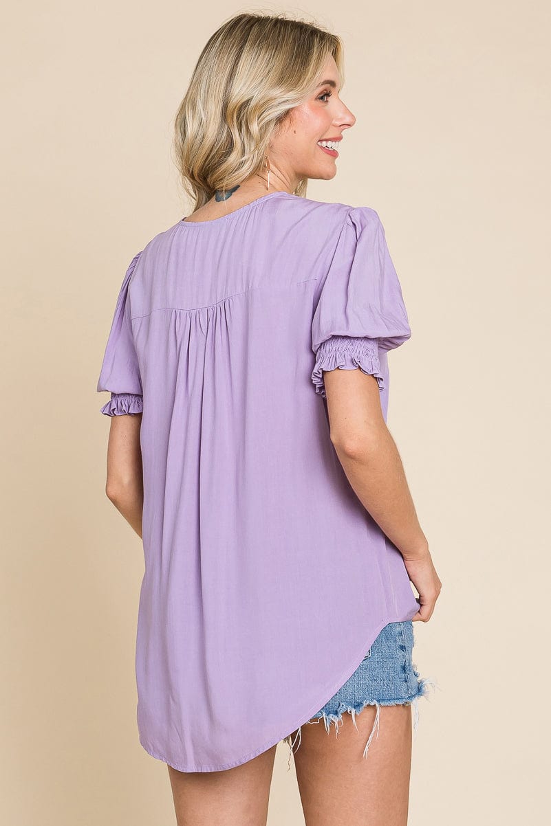 Smocked Sleeve V neck Button up Blouse