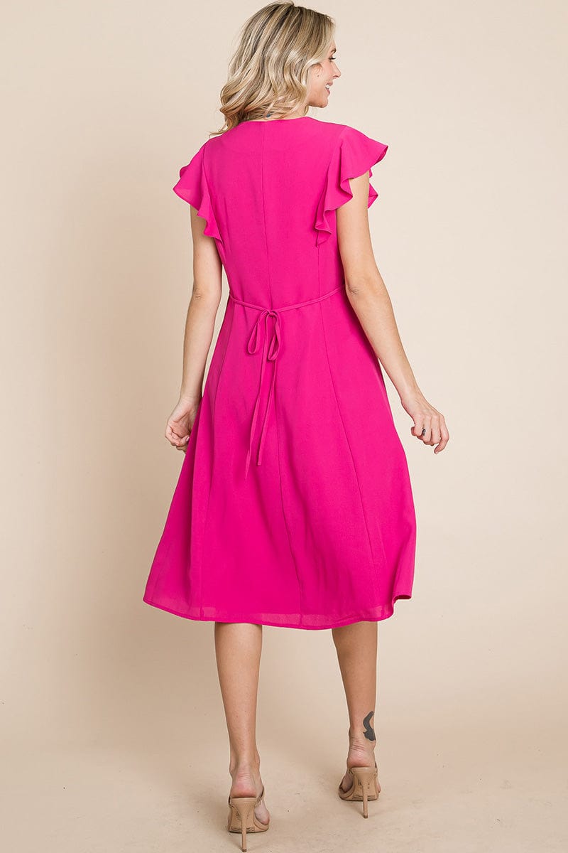 V neck Flutter Sleeve A line Midi Dress