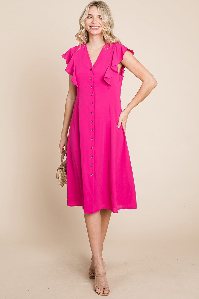 V neck Flutter Sleeve A line Midi Dress