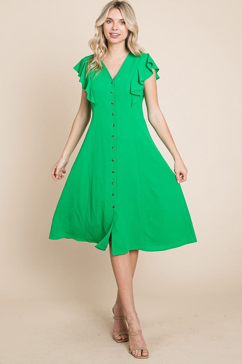 V neck Flutter Sleeve A line Midi Dress