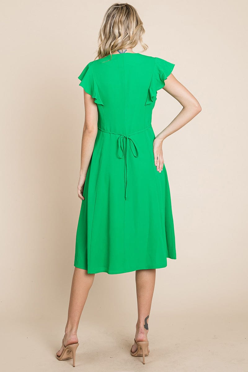 V neck Flutter Sleeve A line Midi Dress