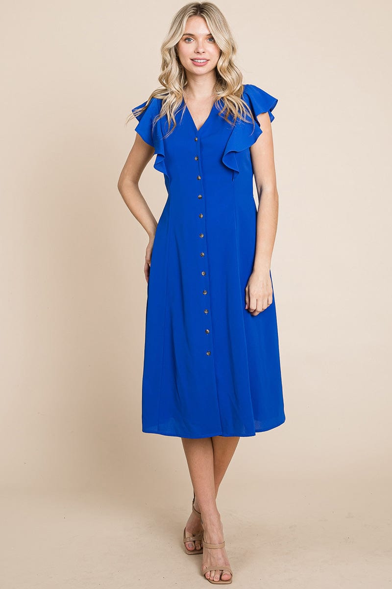 V neck Flutter Sleeve A line Midi Dress