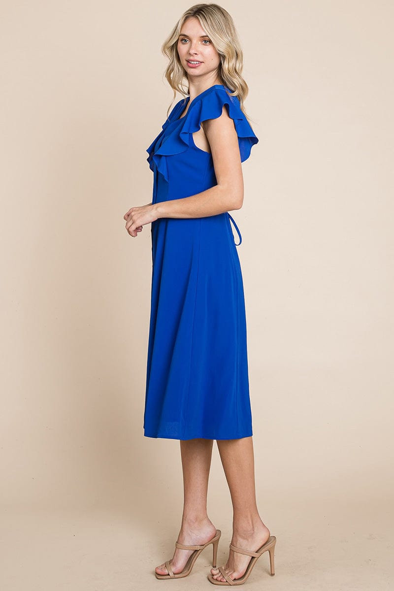 V neck Flutter Sleeve A line Midi Dress