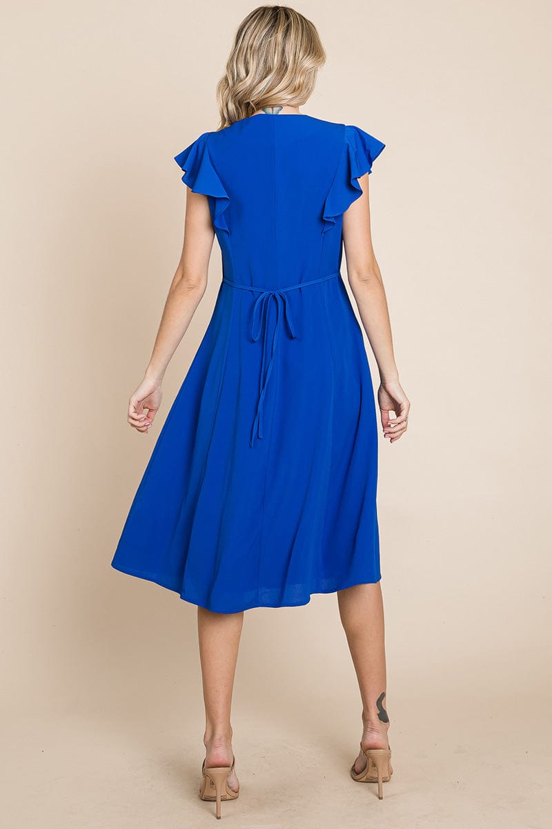 V neck Flutter Sleeve A line Midi Dress