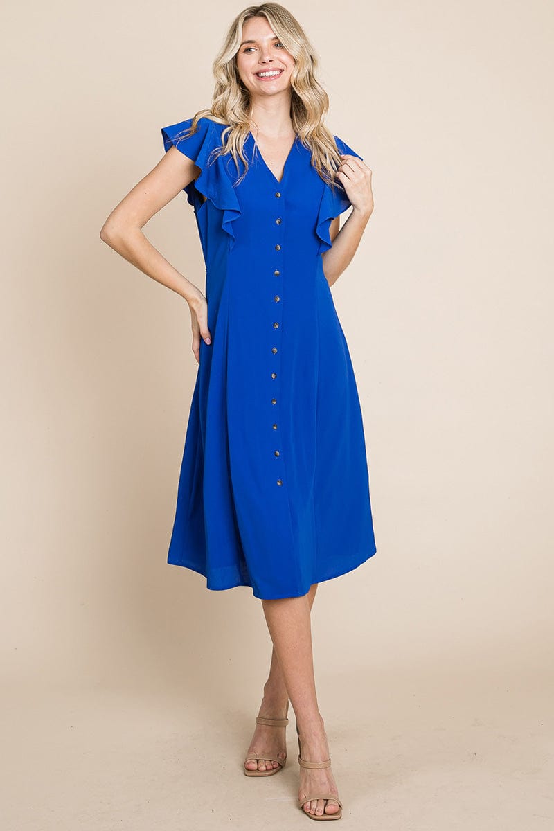 V neck Flutter Sleeve A line Midi Dress