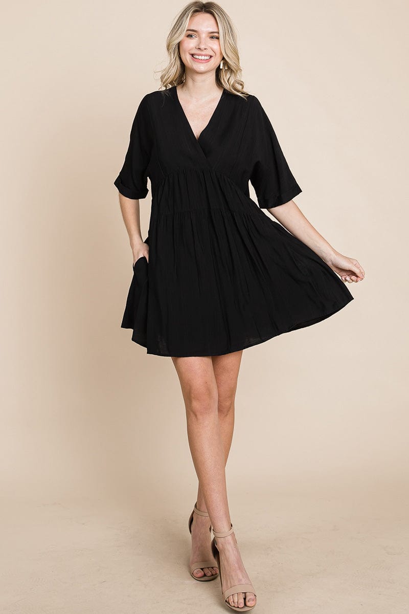 Tiered Dolman Sleeve V neck Babydoll Dress