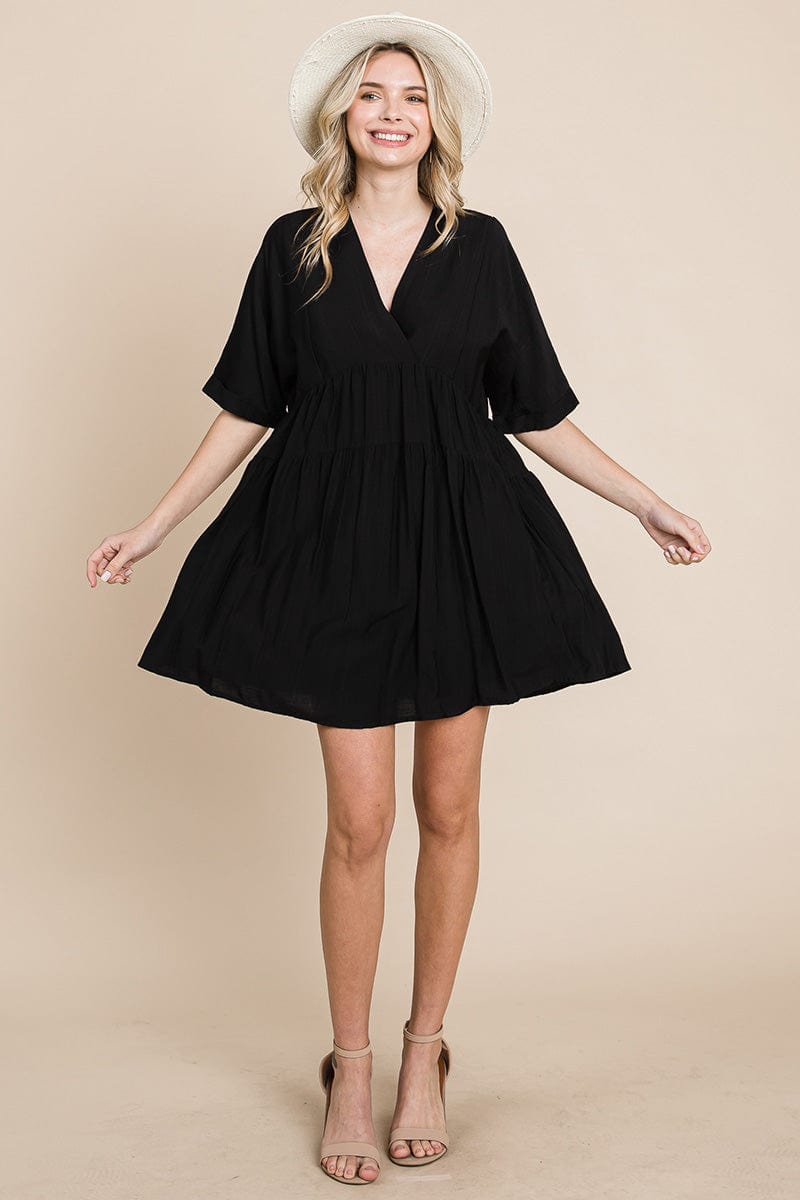 Tiered Dolman Sleeve V neck Babydoll Dress