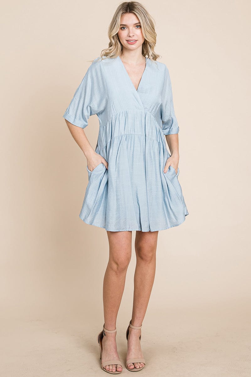 Tiered Dolman Sleeve V neck Babydoll Dress