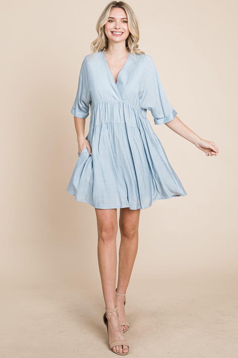 Tiered Dolman Sleeve V neck Babydoll Dress