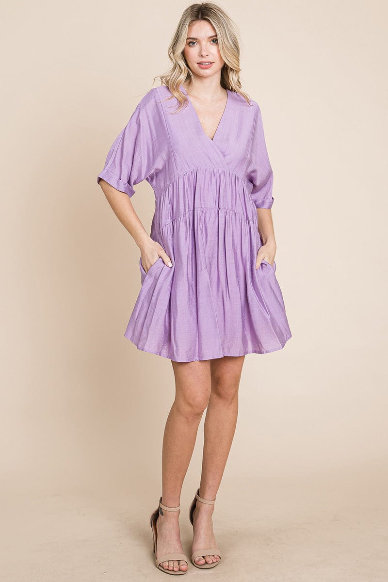 Tiered Dolman Sleeve V neck Babydoll Dress