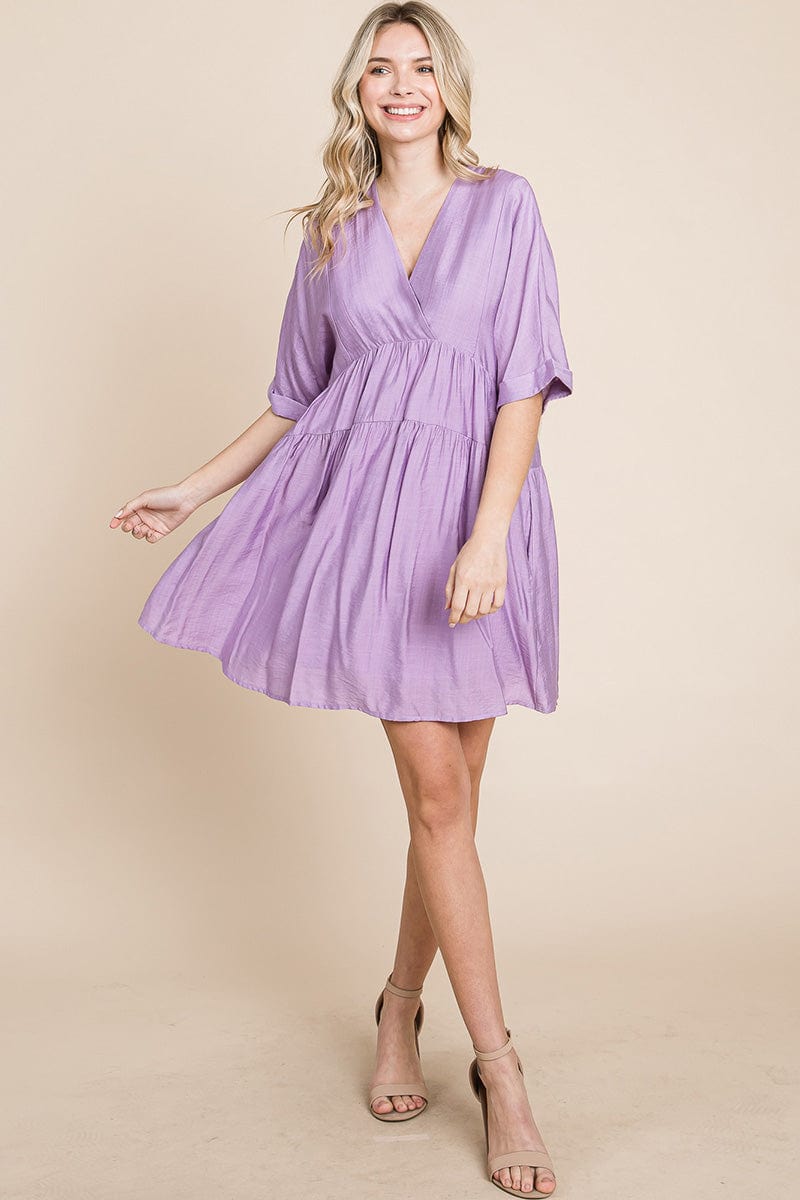 Tiered Dolman Sleeve V neck Babydoll Dress