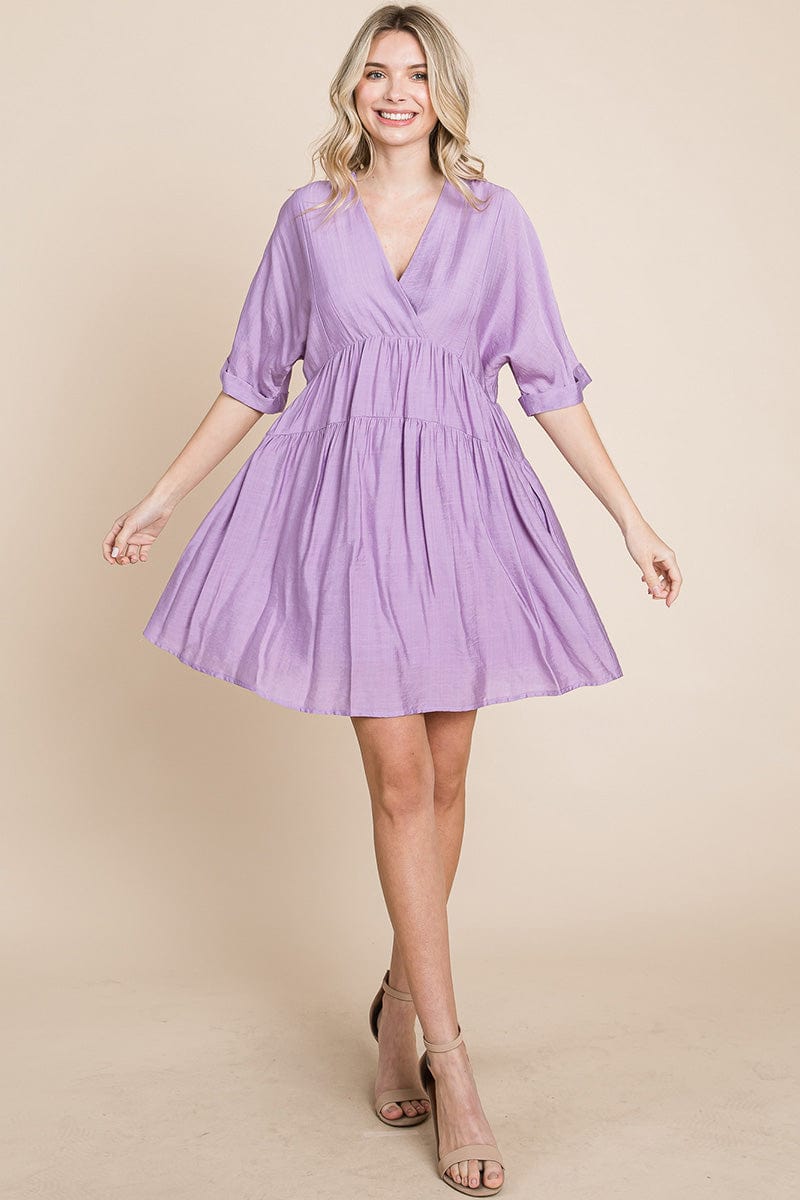 Tiered Dolman Sleeve V neck Babydoll Dress