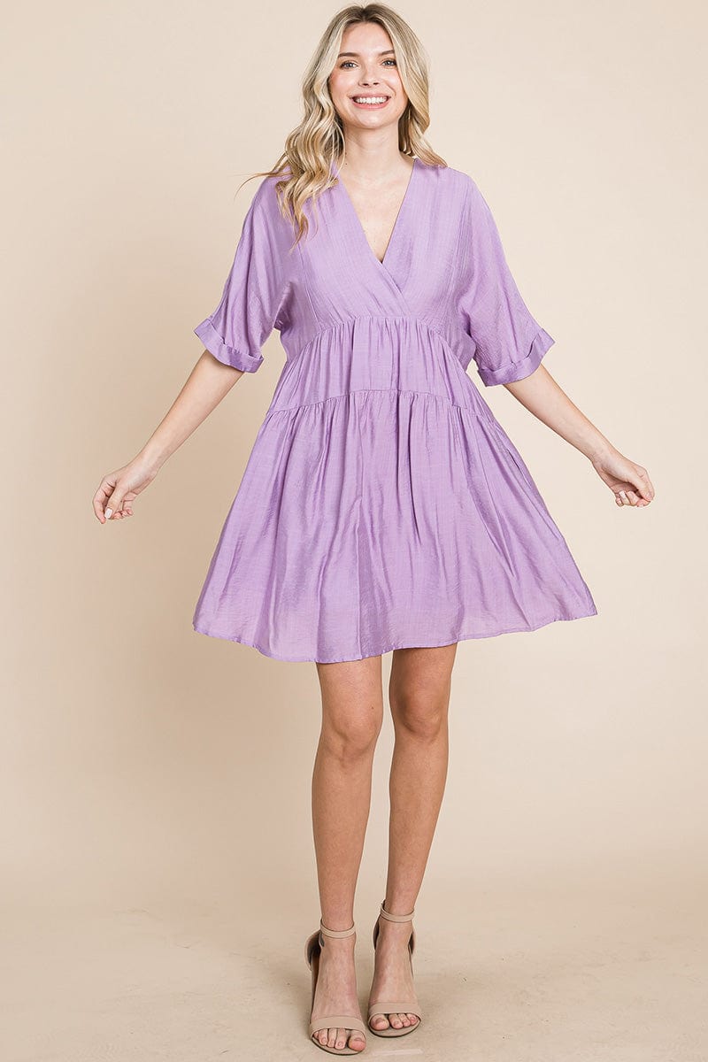 Tiered Dolman Sleeve V neck Babydoll Dress