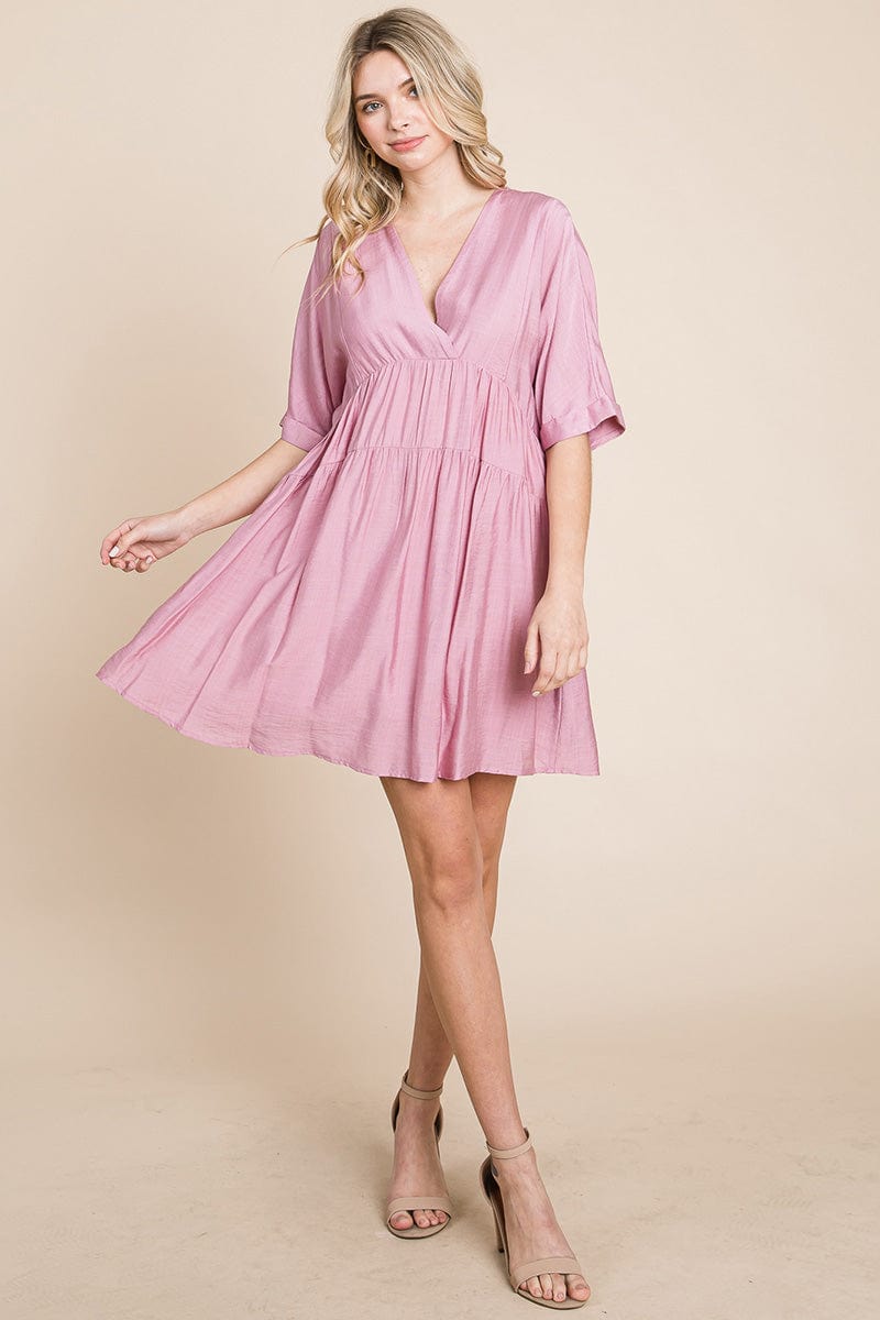 Tiered Dolman Sleeve V neck Babydoll Dress