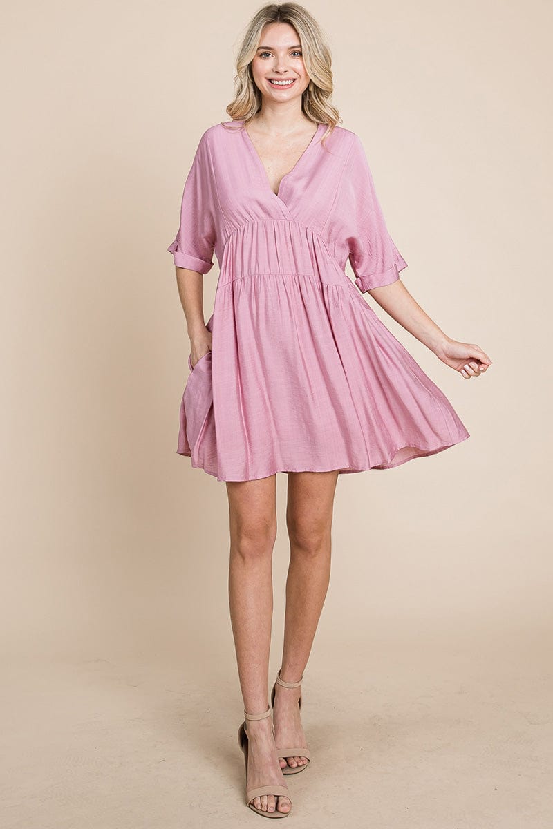 Tiered Dolman Sleeve V neck Babydoll Dress