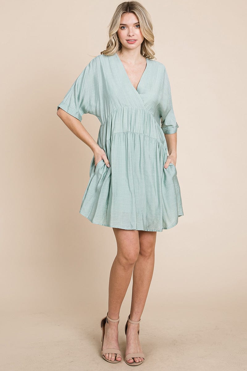 Tiered Dolman Sleeve V neck Babydoll Dress