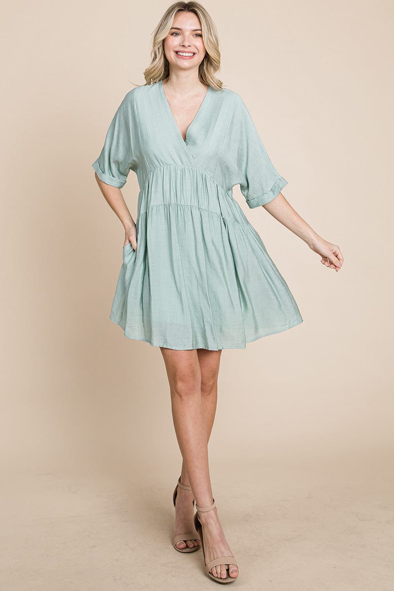 Tiered Dolman Sleeve V neck Babydoll Dress