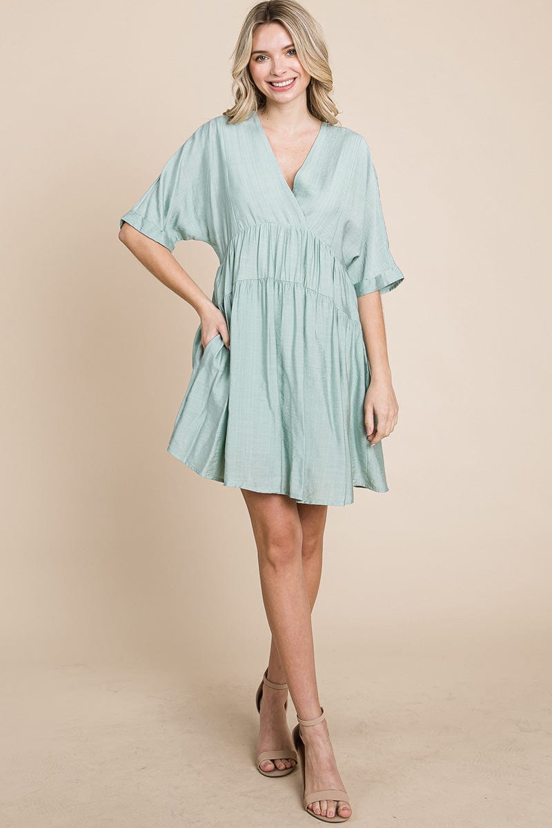 Tiered Dolman Sleeve V neck Babydoll Dress