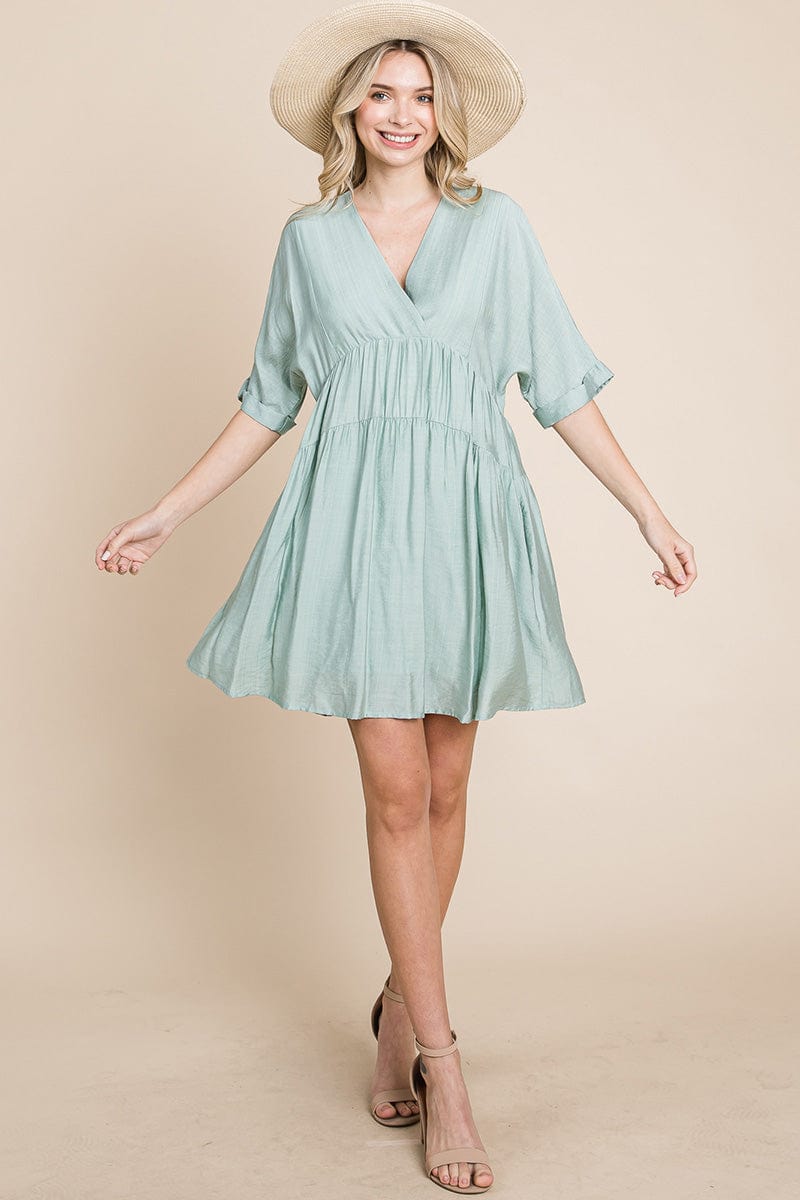 Tiered Dolman Sleeve V neck Babydoll Dress